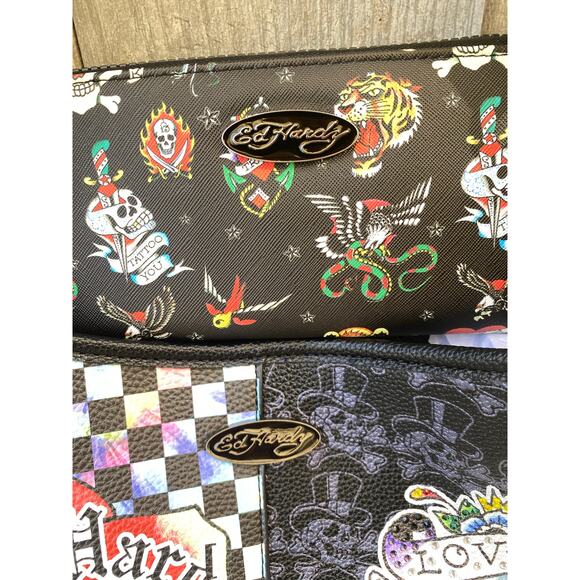 Ed Hardy Embellished Bag & Wallet Set | Skull Rose Tattoo Print - Picture 8 of 11